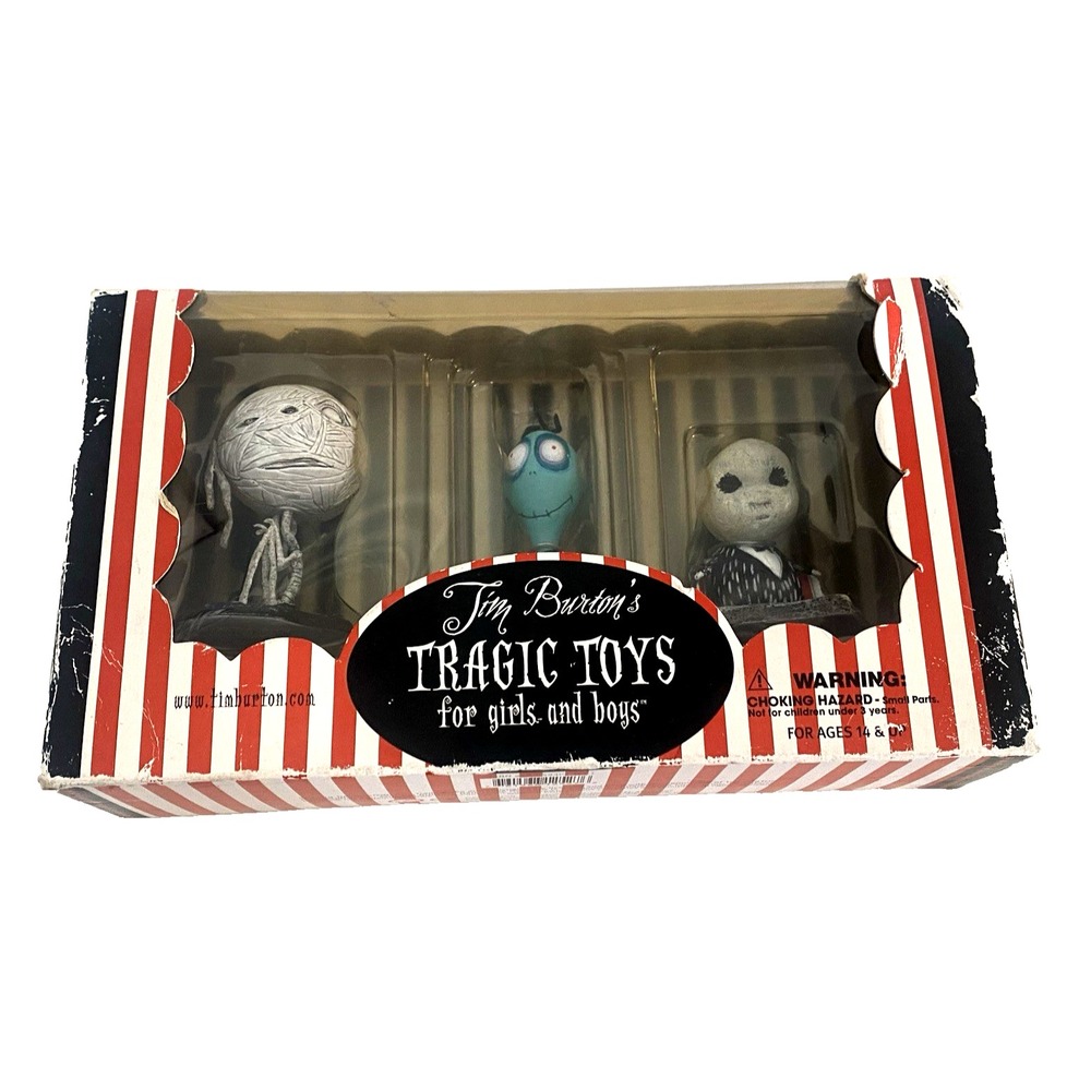 Tim Burton TRAGIC TOYS Mummy Boy Roy Toxic Jimmy Penguin Figures in Box Red